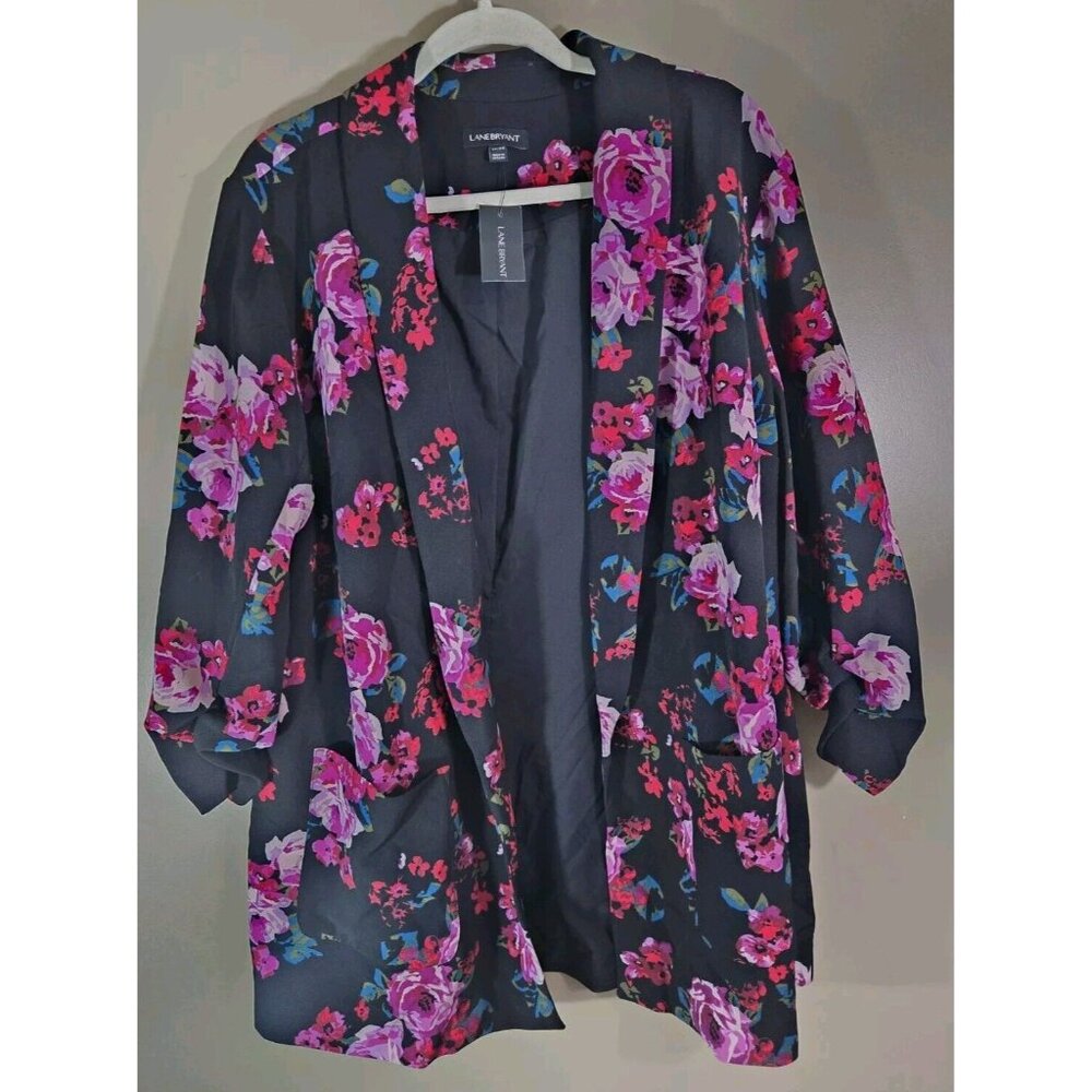 NWT Lane Bryant Black Pink Floral Print Open Front Longline Blazer Sz 22/24